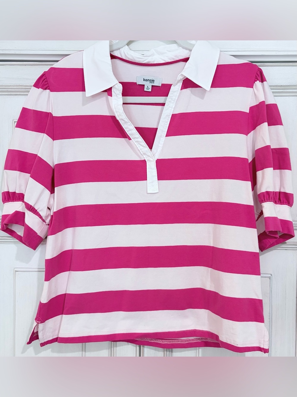 NWOT SZ L Kensie Hot Pink & White Striped Polo Top